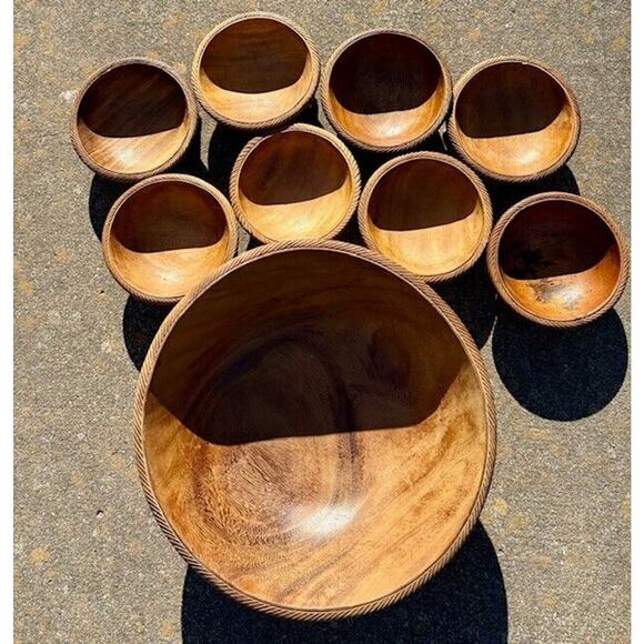 Unbranded Other - Vintage Monkey Pod Wood Salad Bowl Set Hand Carved Triple Feet Water Buffalo